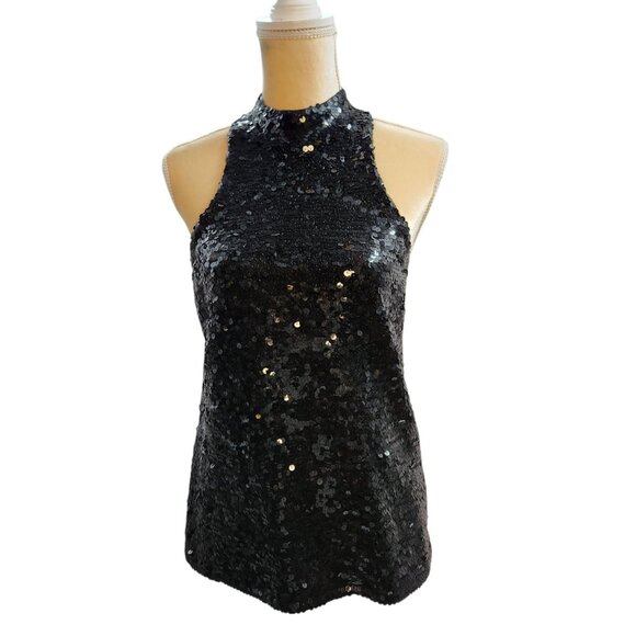 ​White + Warren Black Sequin High Neck Stretch Silk Knit Tank Top Size Large - Picture 9 of 10